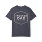 blue t-shirt with a beige trucker dad design on the back against a white background and dad on the front