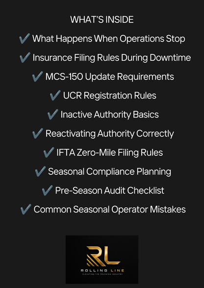 List of topics with corresponding checkmarks on a black background, featuring the Rolling Line logo.