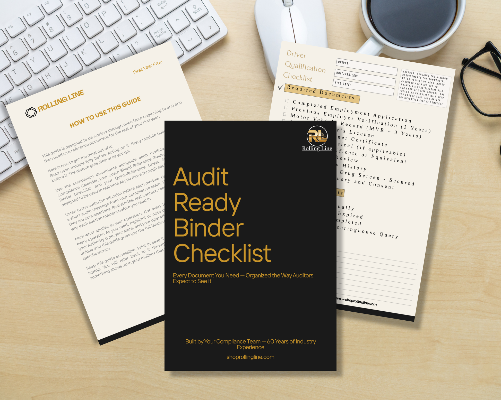 Audit Ready Binder Checklist on a desk with a keyboard, mouse, and coffee cup.