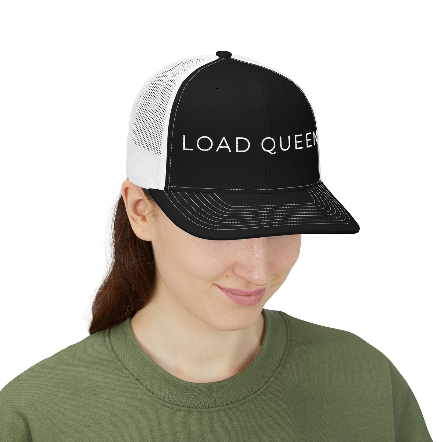 Person wearing a black and white cap with 'Custom Swag' logo on a white background