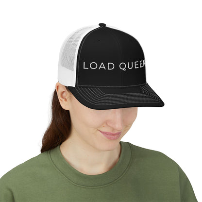 Person wearing a black and white cap with 'Custom Swag' logo on a white background