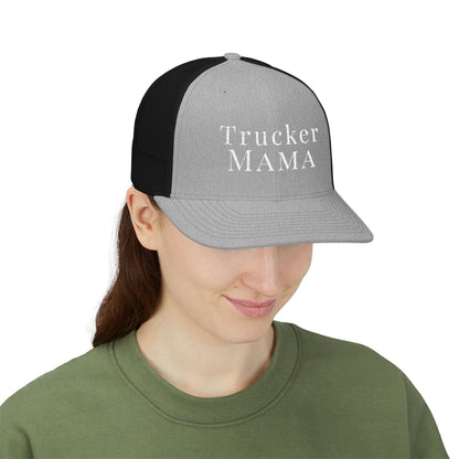 Person wearing a gray and black cap with 'Trucker Mama' logo on a white background
