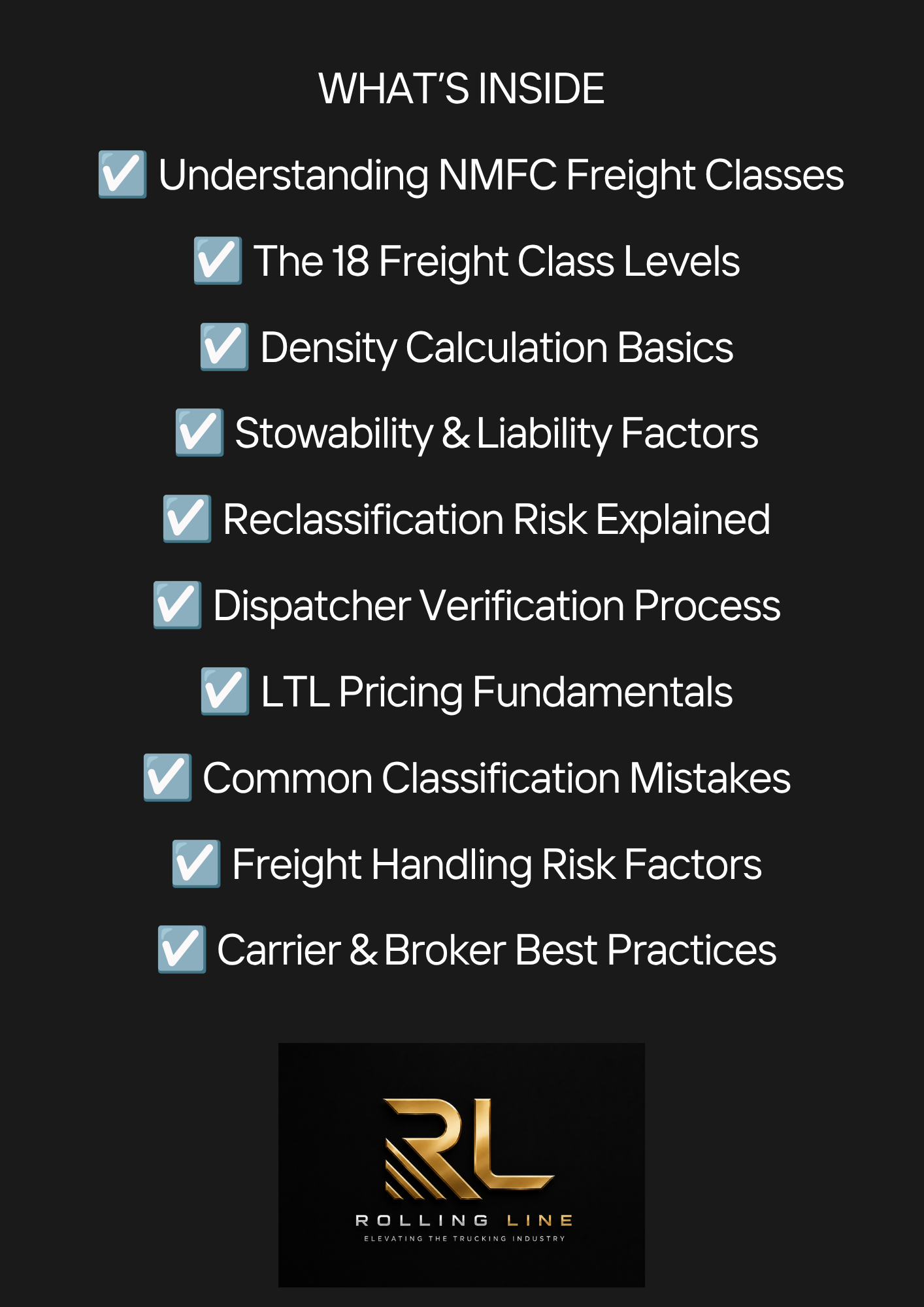 List of topics related to freight classes and logistics on a black background with Rolling Line logo.