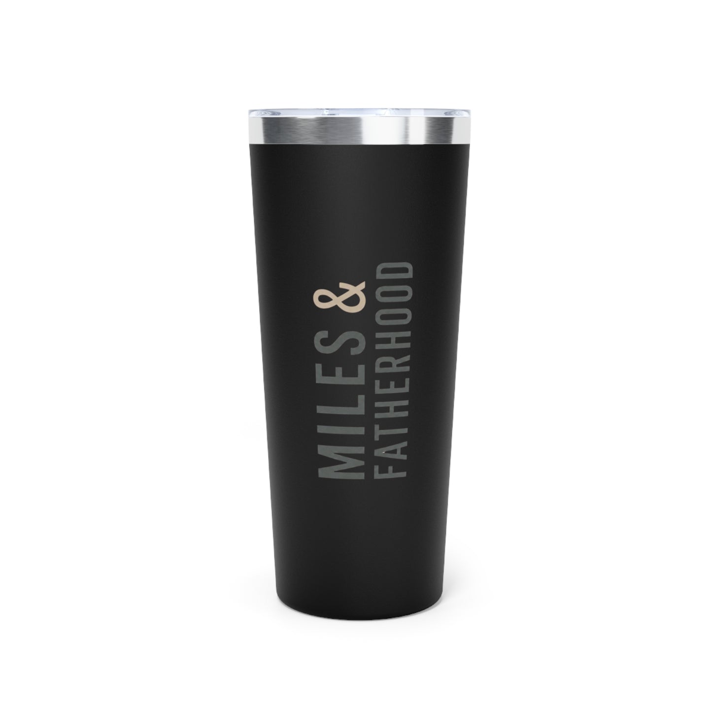 Black tumbler with 'Miles & Fatherhood' text on a white background