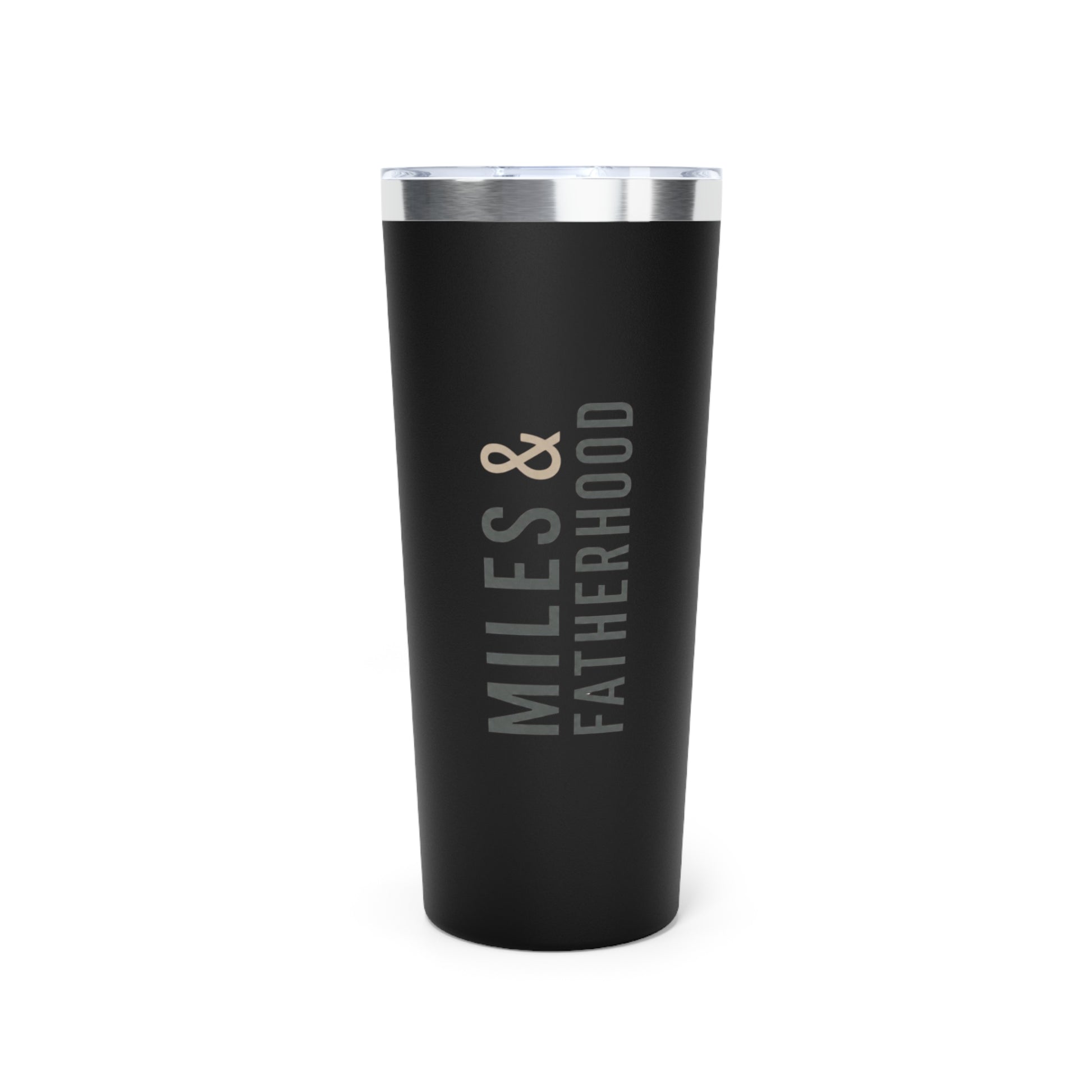 Black tumbler with 'Miles & Fatherhood' text on a white background