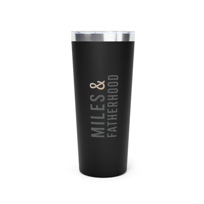 Black tumbler with 'Miles & Fatherhood' text on a white background