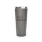Gray tumbler with 'Miles & Motherhood' text on a white background