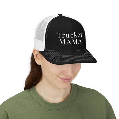 Person wearing a black and white cap with 'Trucker mama' text on a white background