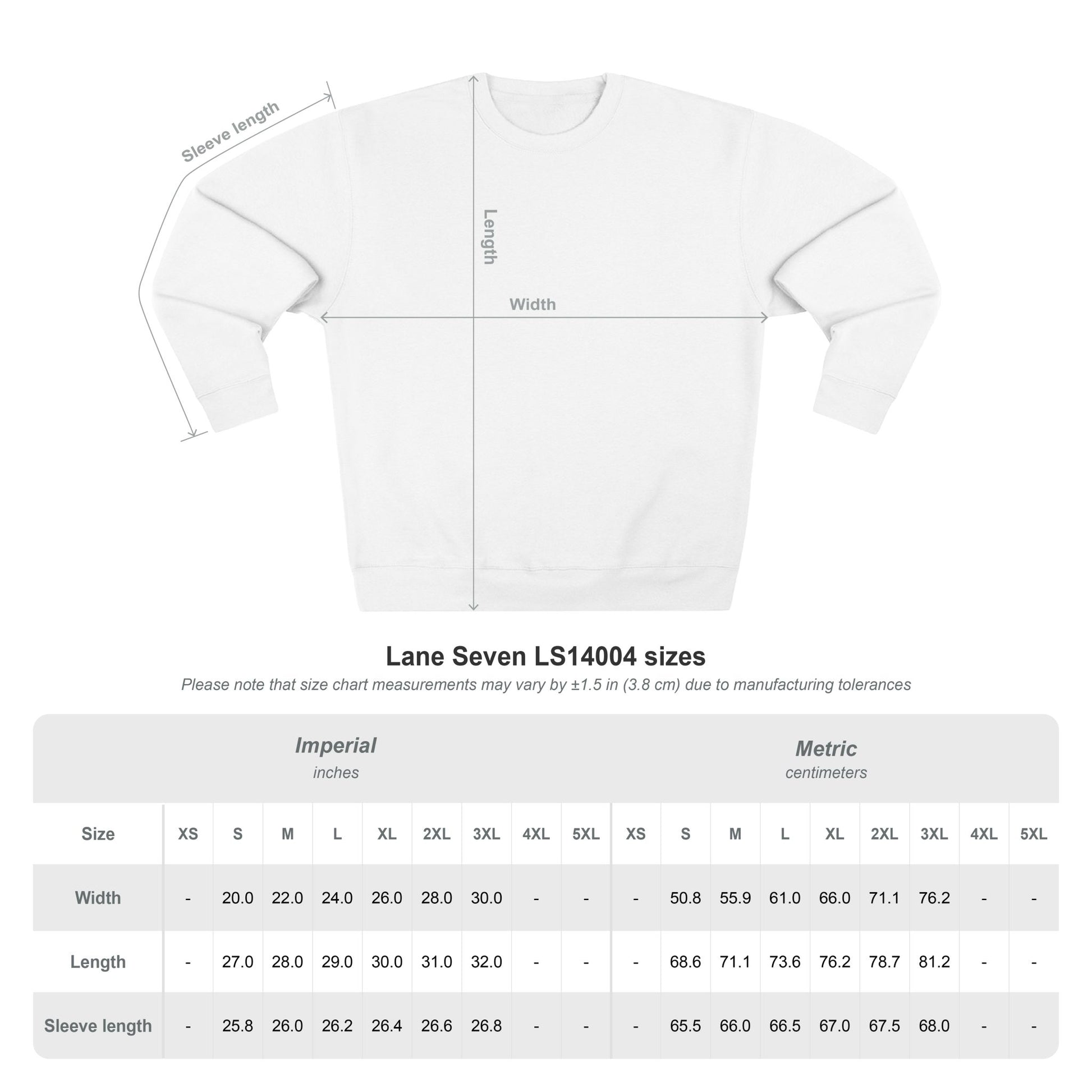 White long-sleeve shirt with size chart on a white background