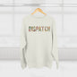White sweater with 'DISPATCH' text on a hanger against a white background