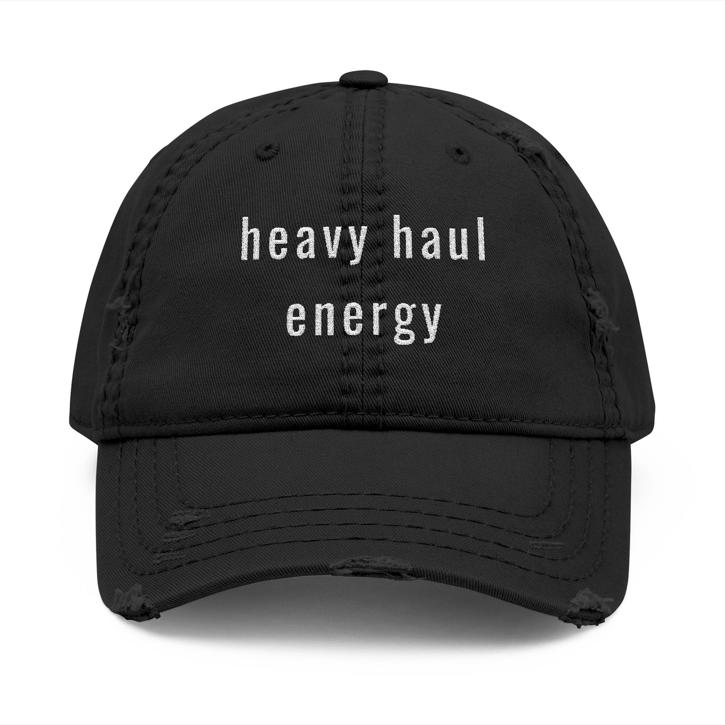 black cap with 'heavy haul energy' logo on a white background
