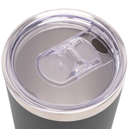 Gray tumbler with a clear lid on a white background