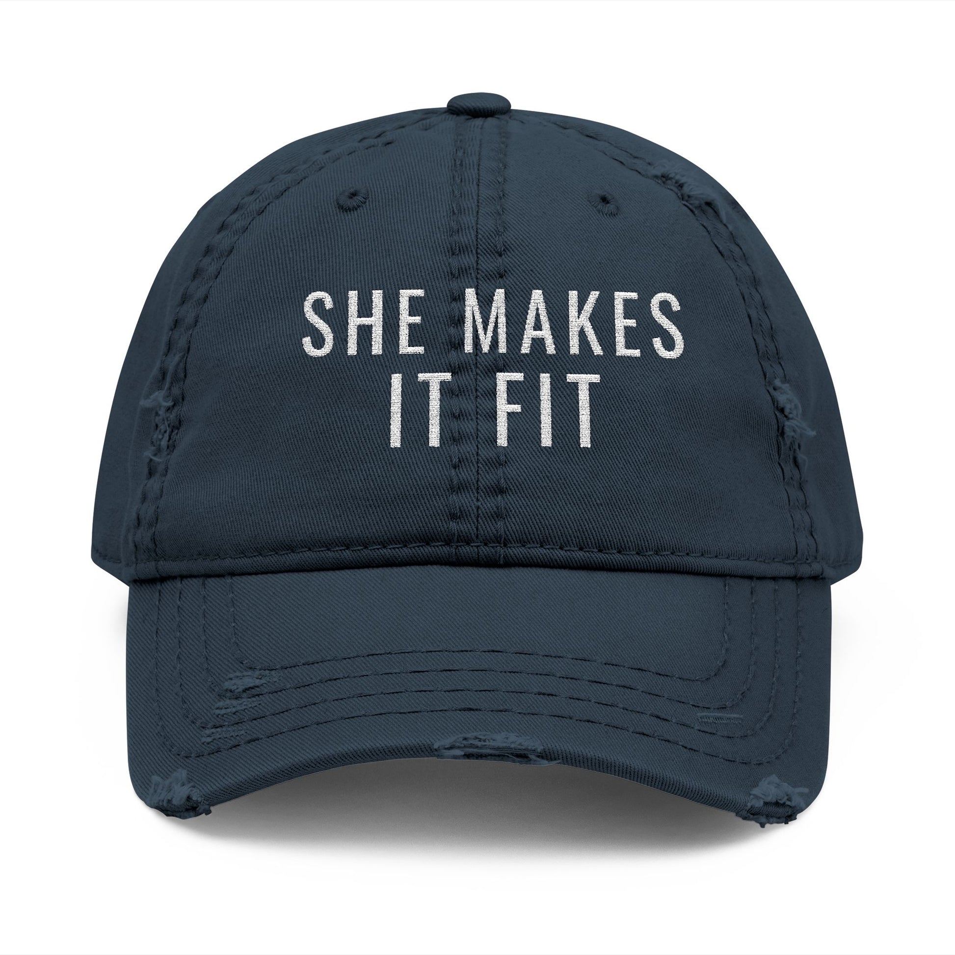 Gray cap with 'SHE MAKES IT FIT' text on a white background
