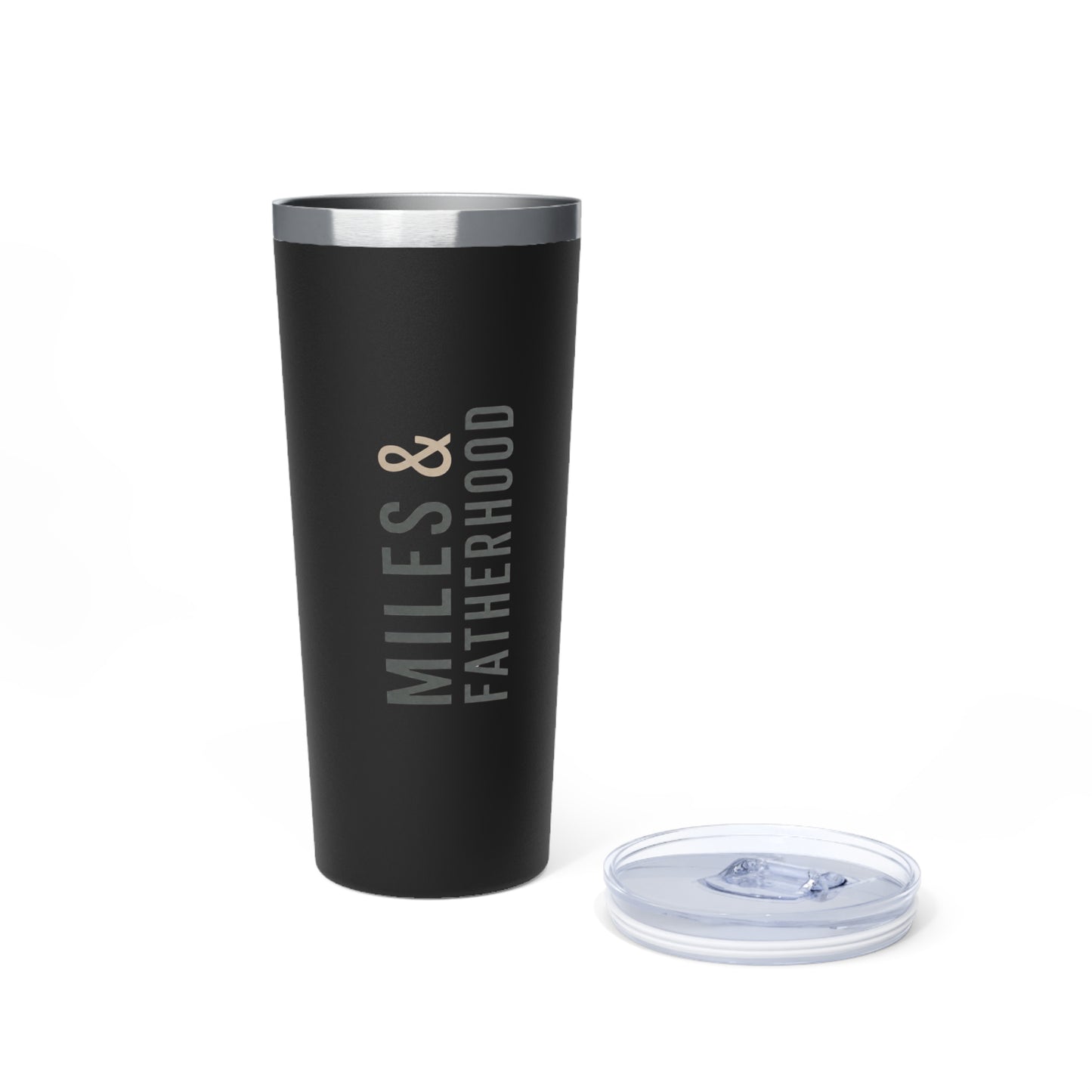 Black tumbler with 'MILES & Fatherhood' text on a white background
