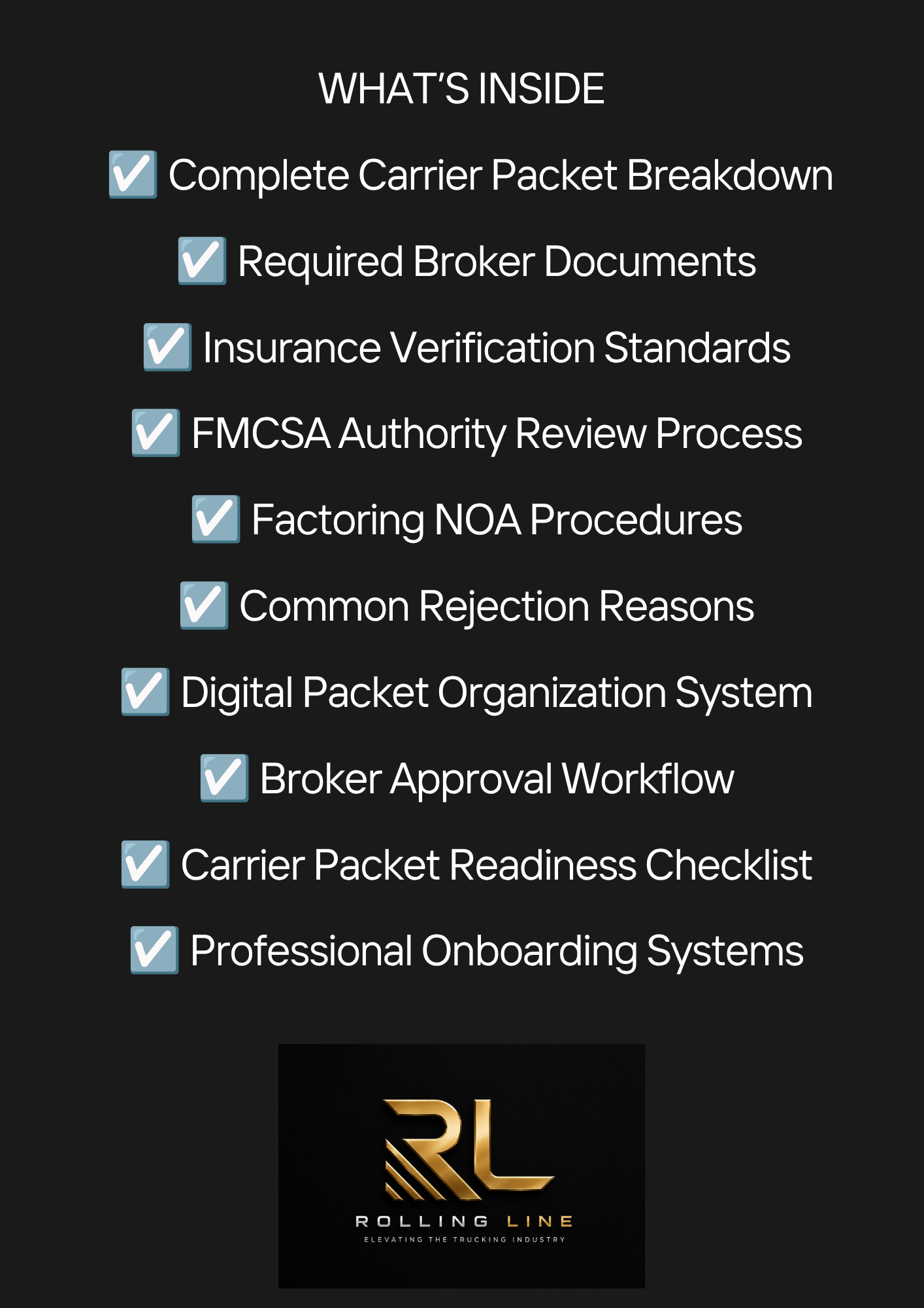List of services or features with checkboxes and Rolling Line logo on a black background