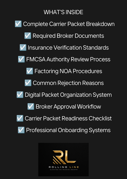 List of services or features with checkboxes and Rolling Line logo on a black background