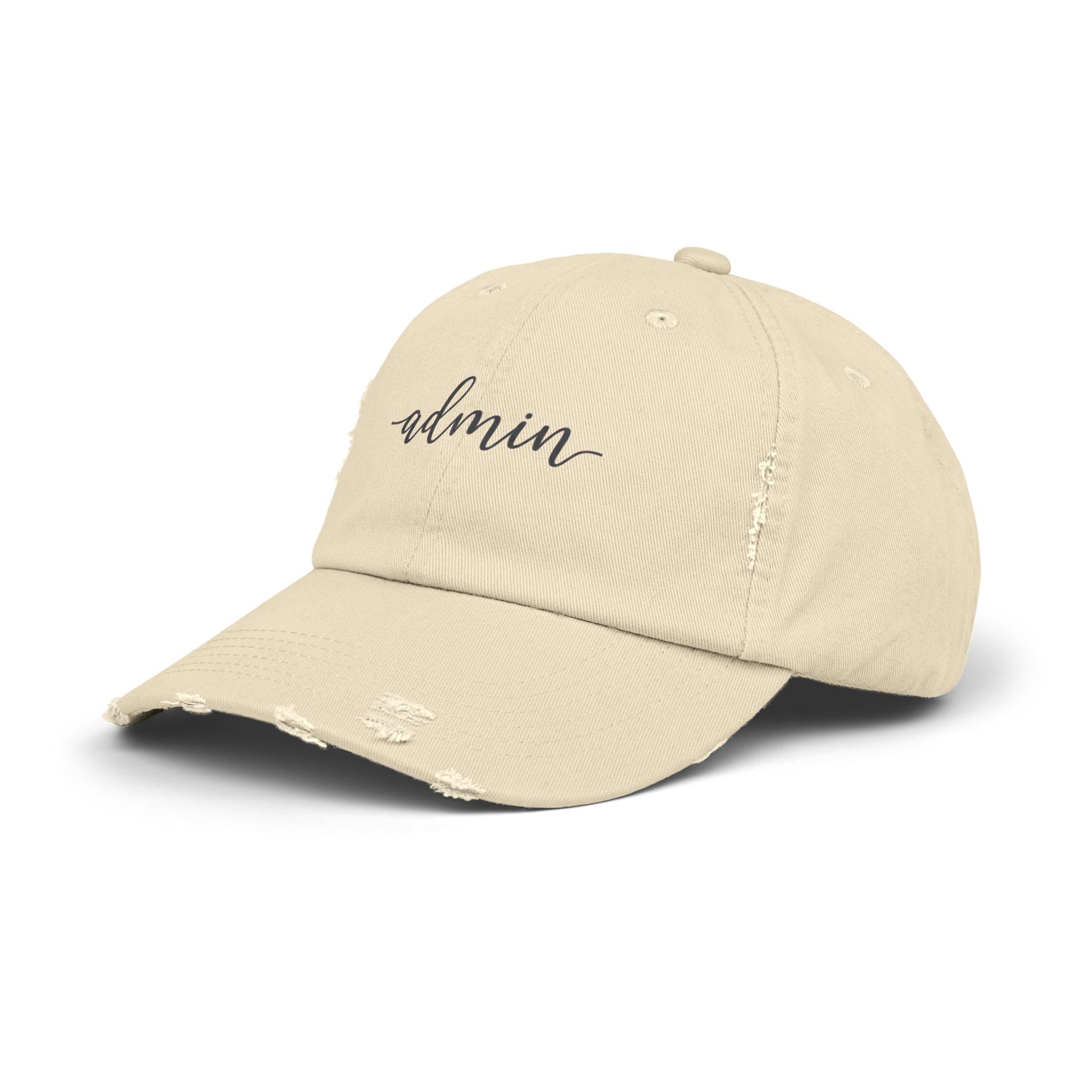 Beige cap with 'admin' text on a white background