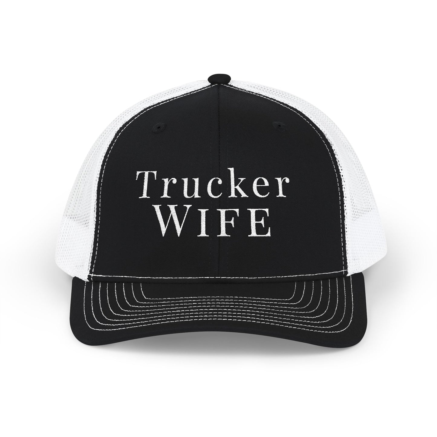 Black and white trucker hat with 'Trucker Wife' text on a white background