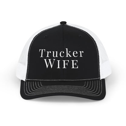 Black and white trucker hat with 'Trucker Wife' text on a white background