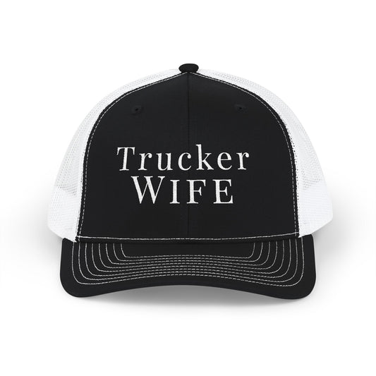 Black and white trucker hat with 'Trucker Wife' text on a white background