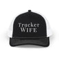 Black and white trucker hat with 'Trucker Wife' text on a white background
