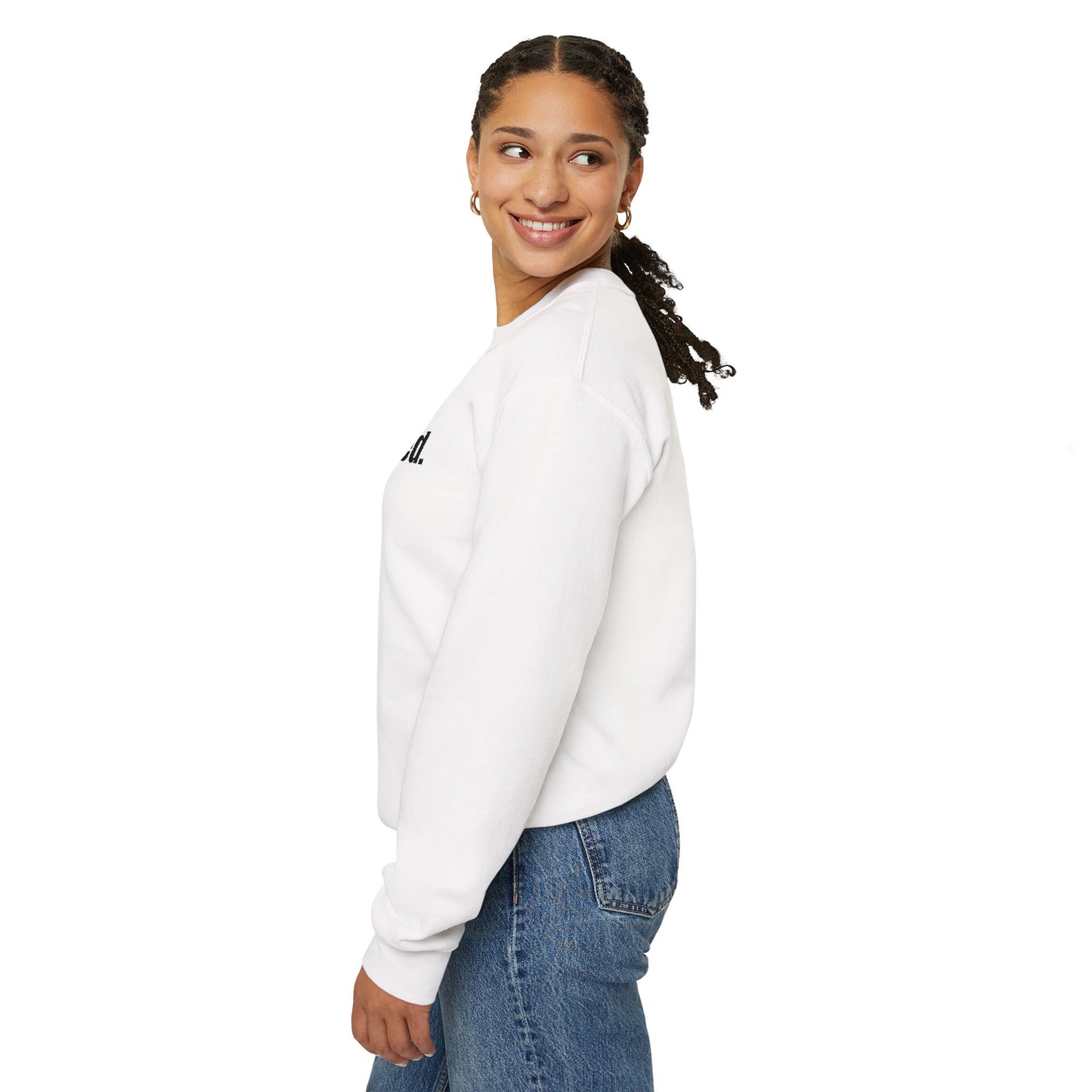 Woman wearing a white sweatshirt with a logo on a white background