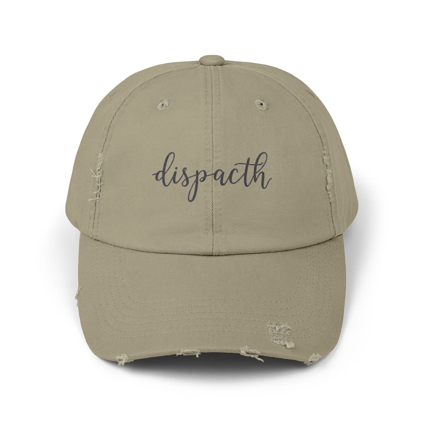 Khaki cap with 'dispacth' text on a white background