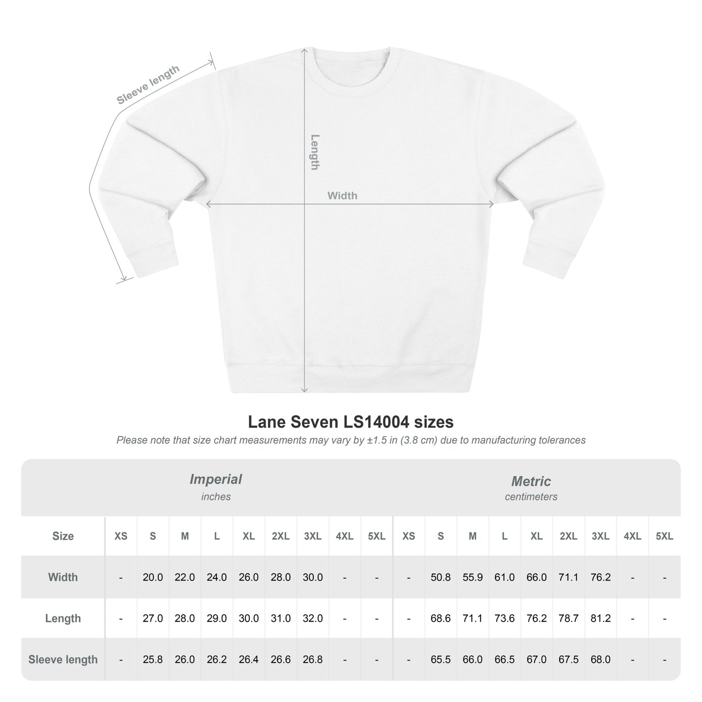 White long-sleeve shirt with size chart on a white background