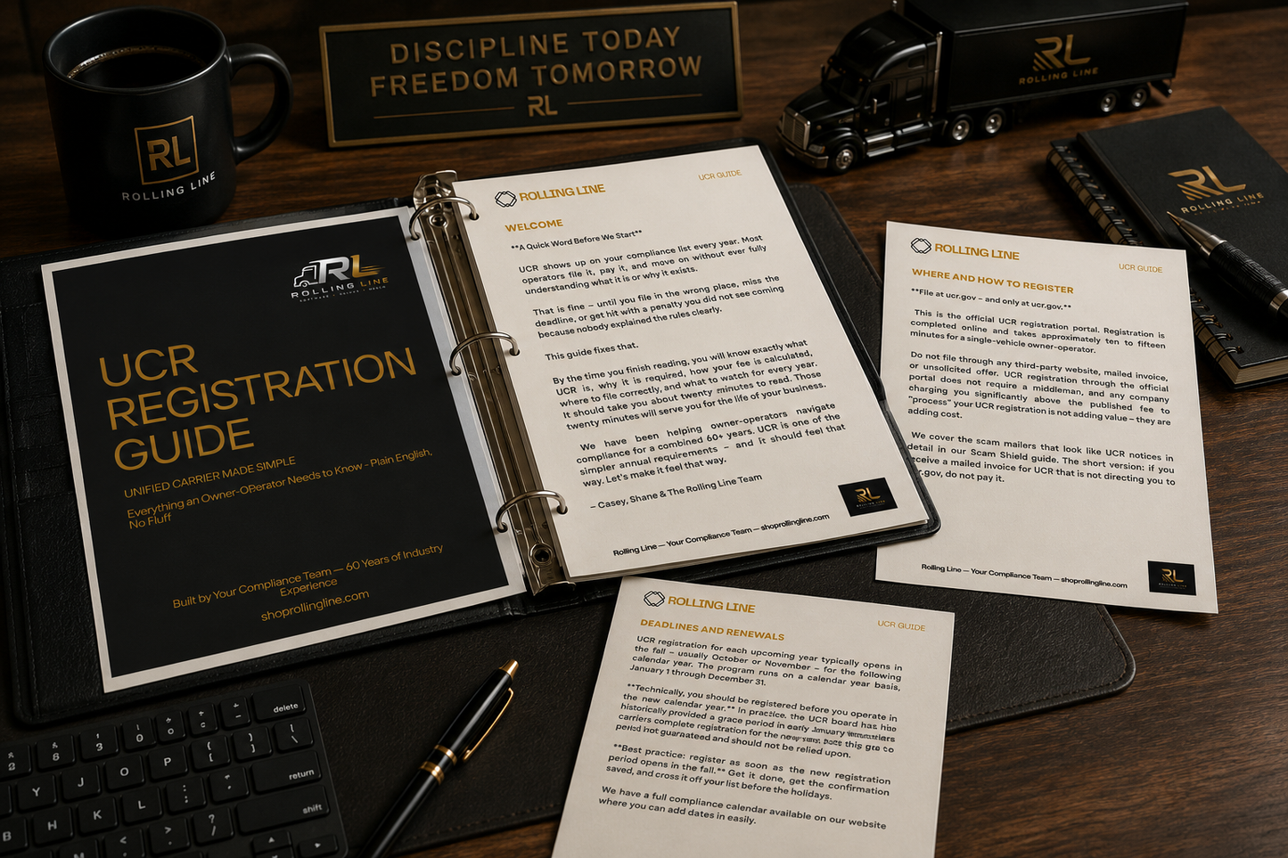 Business materials including a UCR Registration Guide, pen, and branded items on a desk.