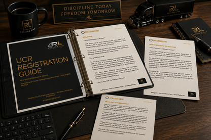 Business materials including a UCR Registration Guide, pen, and branded items on a desk.