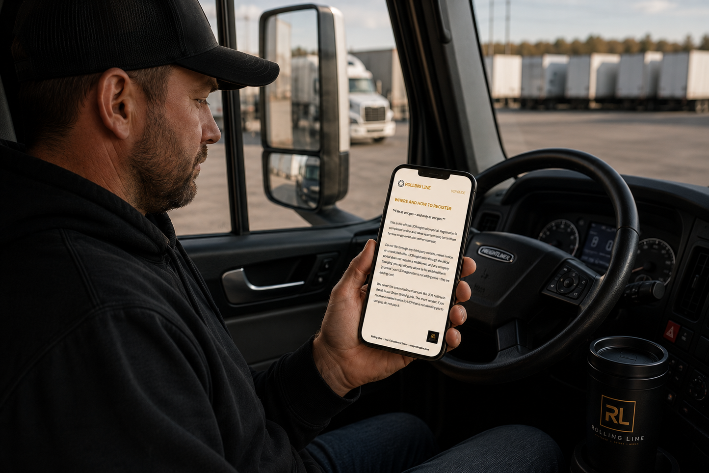 Man sitting in a truck holding a smartphone with a visible brand logo, with another truck in the background.