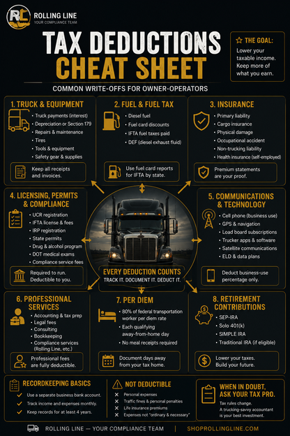 Infographic on tax deductions cheat sheet for owner-operators with a black background and yellow text.
