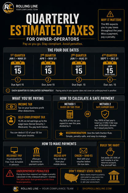 Infographic on quarterly estimated taxes for owner-operators with dates and payment instructions.
