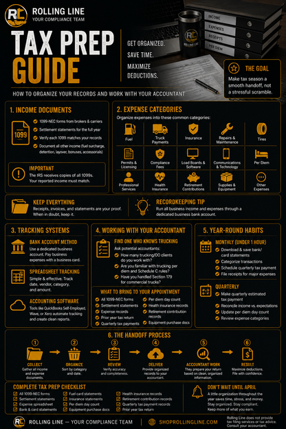 Tax prep guide infographic with step-by-step instructions on organizing tax work and managing accounts.