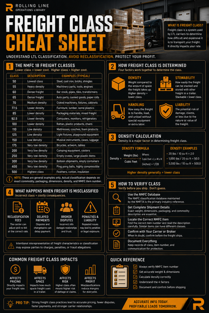 Freight Class Cheat Sheet with text and icons on a dark background