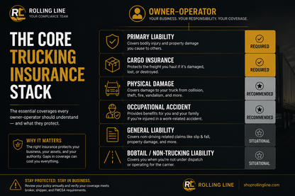 Rolling Line trucking insurance stack information on a black background