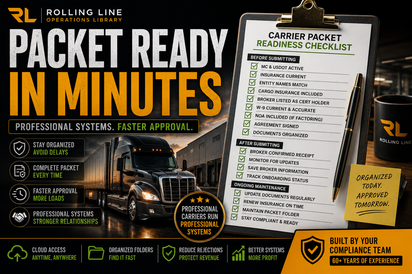 Advertisement for Rolling Line with a truck, clipboard, and branded elements.