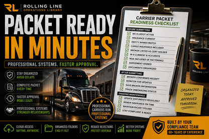 Advertisement for Rolling Line with a truck, clipboard, and branded elements.