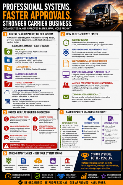 Infographic about professional systems, faster approvals, and stronger carrier business with a truck on a road.