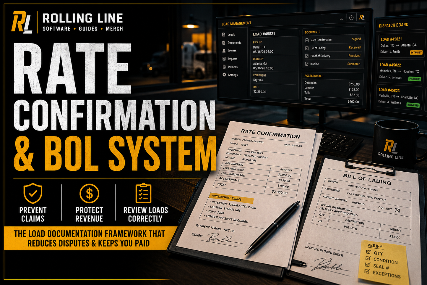 Documents and a pen on a desk with 'Rolling Line' branding, emphasizing rate confirmation and BOL system.