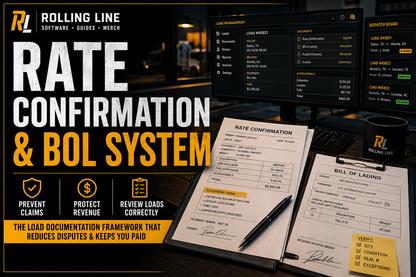 Documents and a pen on a desk with 'Rolling Line' branding, emphasizing rate confirmation and BOL system.