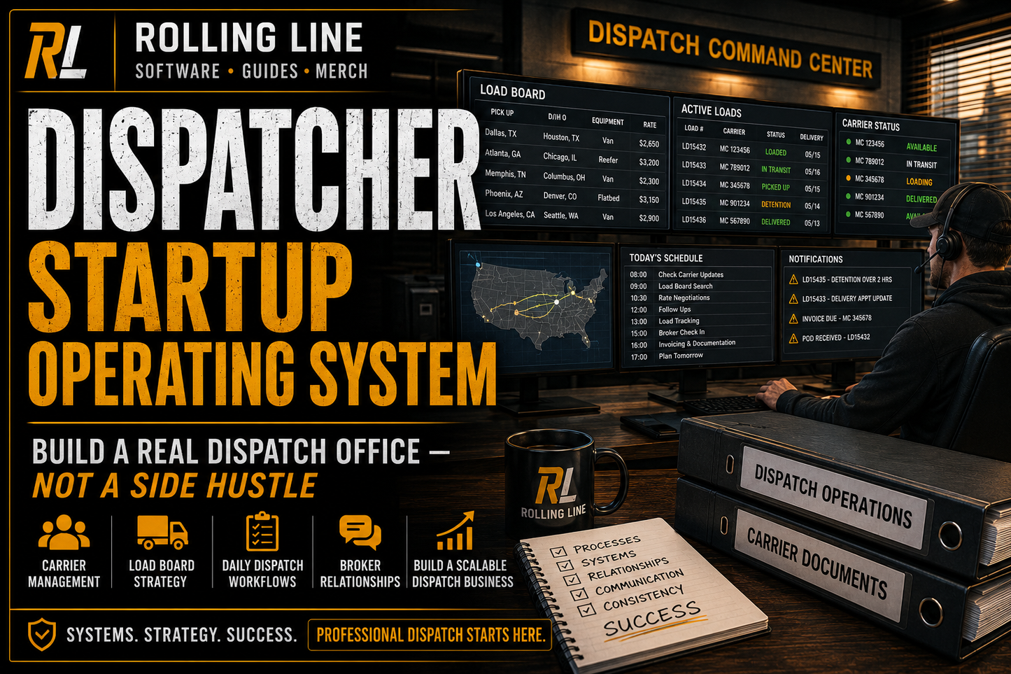 Person working at a dispatch command center with computer monitors and 'Rolling Line' branding.