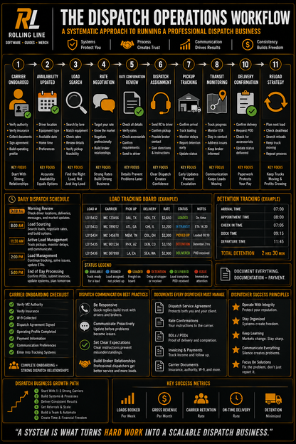 Dispatch operations workflow chart with various steps and icons on a black background