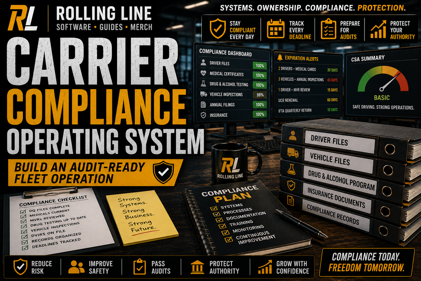 Rolling Line software and compliance system with stacks of books and documents on a dark background.