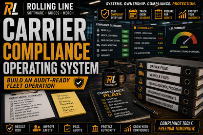 Rolling Line software and compliance system with stacks of books and documents on a dark background.