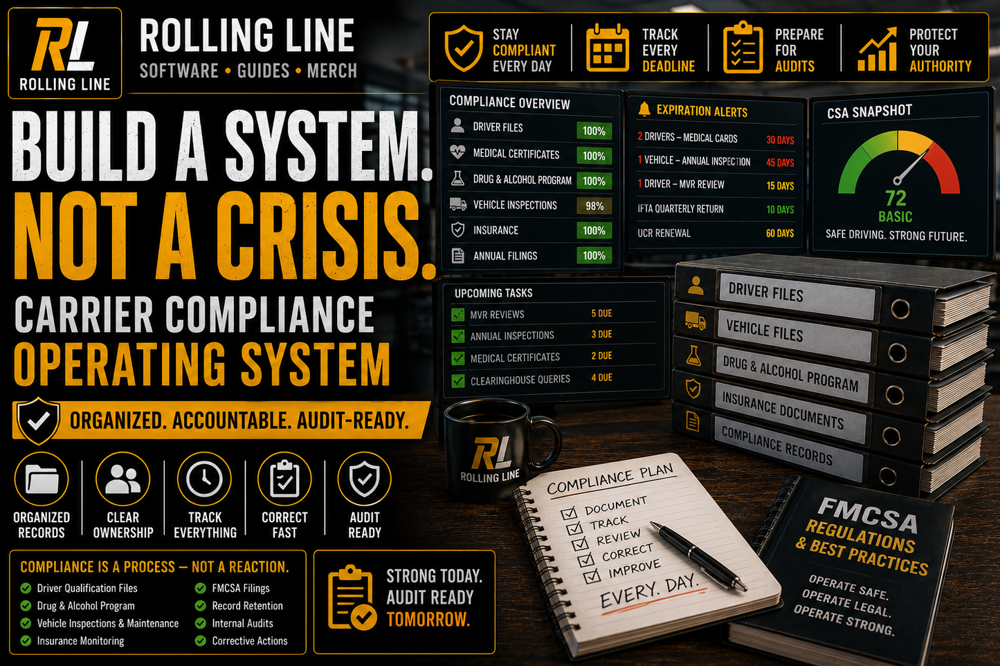 Rolling Line software system with books and a notebook on a wooden surface.