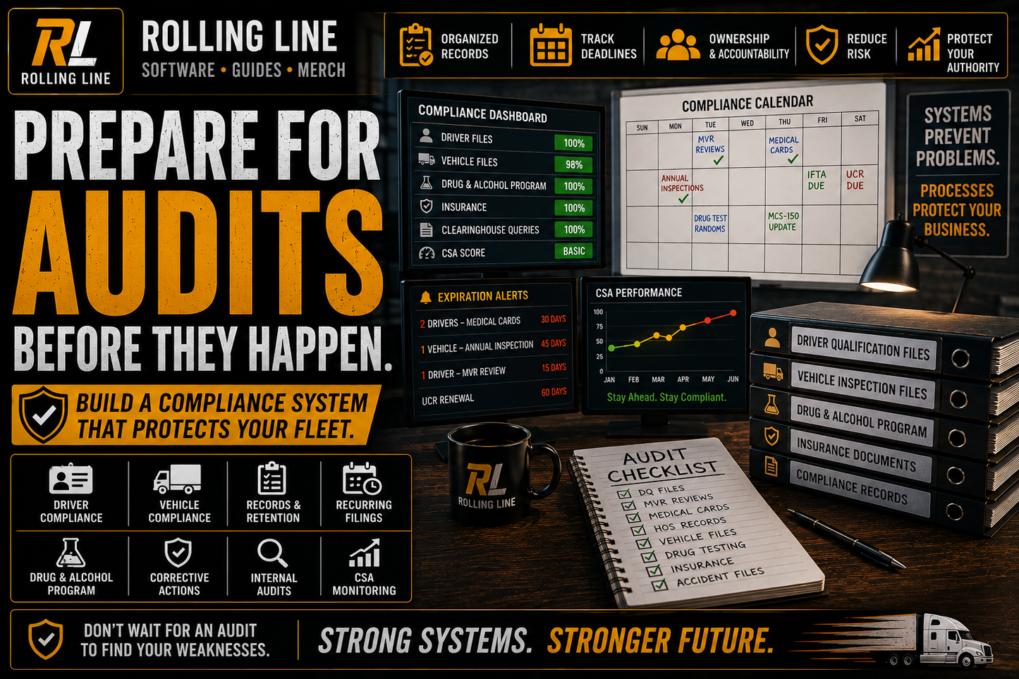 Rolling Line compliance software dashboard with audit preparation graphics and documents.
