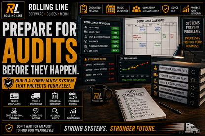 Rolling Line compliance software dashboard with audit preparation graphics and documents.