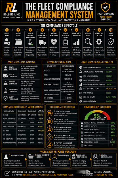Fleet Compliance Management System infographic with various compliance processes and tools.