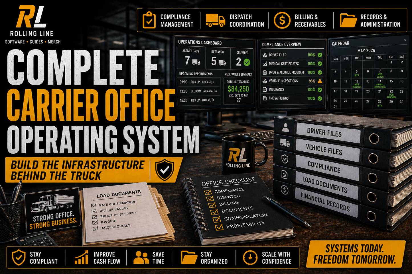 Advertisement for Rolling Line software with computer monitors, documents, and a mug on a desk.